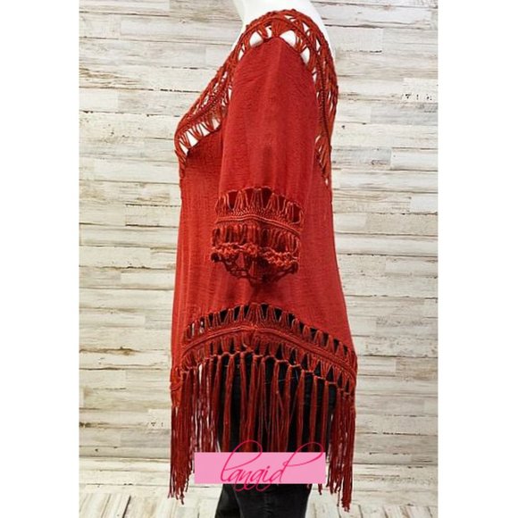 Vivid Importers Fringe Cover-Up Tunic Rust Off-The-Shoulder Crochet Cut-Outs M - Picture 3 of 9